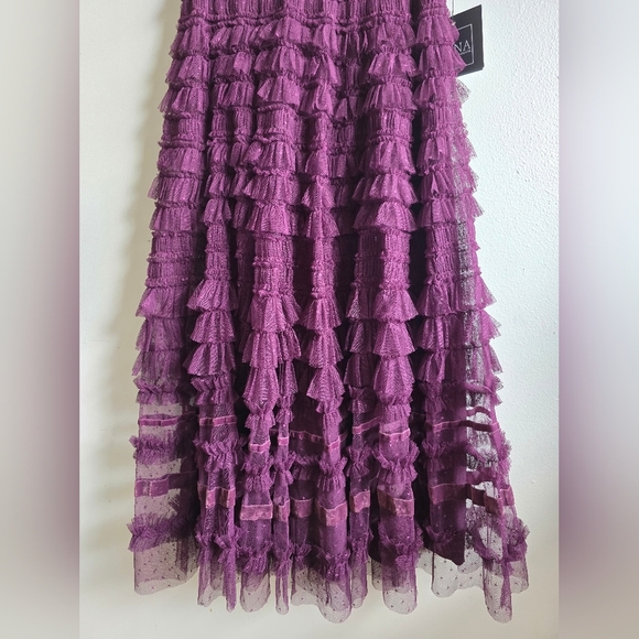 NWT!! MAC DUGGAL, Ruffle Cap Sleeve Tiered Midi Dress, Amethyst-NWT Size 4 -$398 - Picture 8 of 11